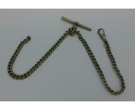 A silver double Albert chain, 28g, lacking one clip