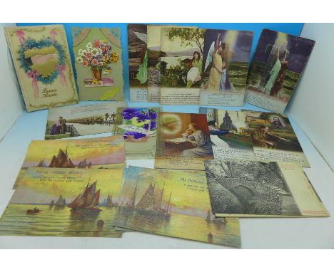 A collection of postcards and greetings cards, including WWI, Bonne Année and four by WY Berlin with colour feature when held