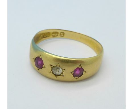 A Victorian 18ct gold, diamond and ruby ring, 2.9g, M, Birmingham 1897