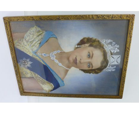 An overpainted photograph portrait of Queen Elizabeth II, copyright Dorothy Wilding, London