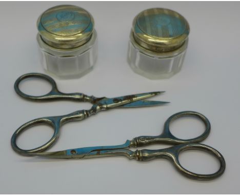 Two silver mounted jars and two pairs of silver handled scissors, all with name Molly