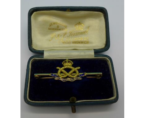 A 14ct gold and enamel South Staffordshire Regiment brooch, boxed, 4.5g