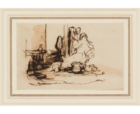 SIR DAVID WILKIE R.A. (SCOTTISH 1785-1841) STUDY FOR THE PEEP O'DAY BOYS CABIN Pen and ink and another sketch similar (2)(5.5