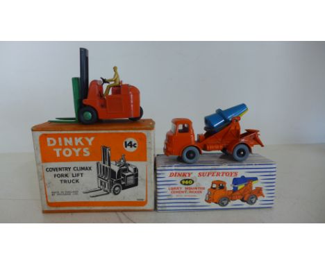 Dinky Supertoys No 960 lorry mounted cement mixer, orange cab and chassis with blue and yellow mixer, Dinky Toys Coventry Cli