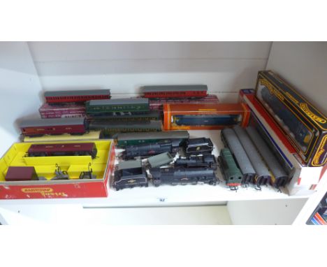 A boxed Tri-ang mail coach operating set plus a spare coach, a class 86 Locomotive, two black Princess Locomotives, two boxed