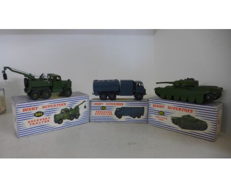 Dinky Supertoys No 651 Centurion Tank No 661 Recovery Tractor and No 642 Pressure Re-fuller - all models boxed, some very min