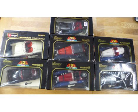 Seven Burago Diecast metal model vehicles 1:18 scale - all boxed - as  new