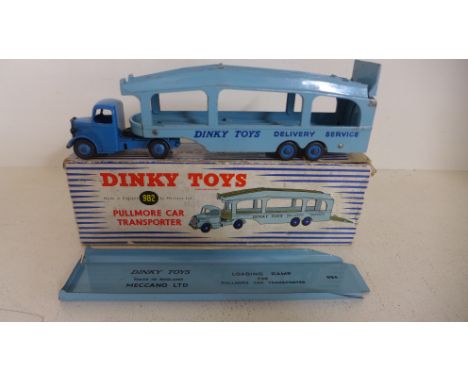 Dinky Toys No 982 - Pullmore car transporter, dark blue cab and hubs, light blue car deck - some minor paint loss - in origin