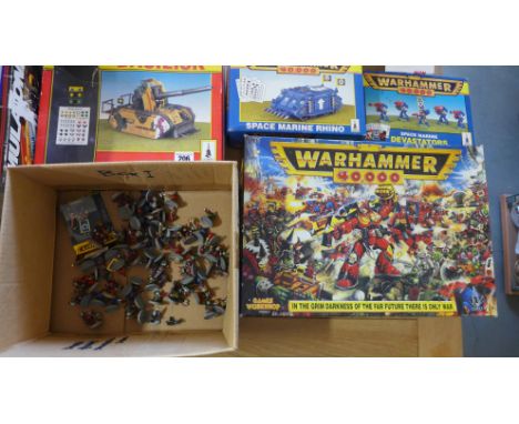 Warhammer 40,000 role playing game including Space Marine Rhino, Devastators, Basilisk, figures etc - play worn