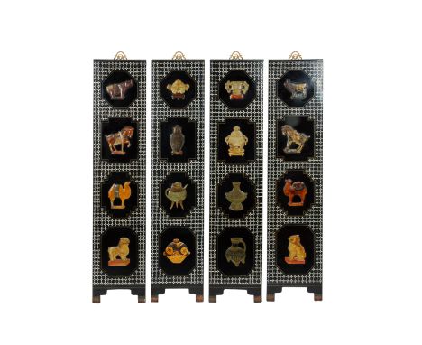 A MOTHER OF PEARL AND JADE INLAID SIX FOLD SCREEN
Black lacquer with various hard stone and jade animals set into octagonal p