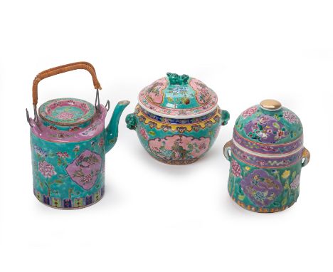 THREE PERANAKAN STYLE TURQUOISE GROUND PORCELAIN ITEMS
Comprising a cylindrical teapot decorated with reserves of flying phoe