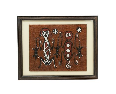 AN ABORIGINAL STYLE PAINTING
On textile, depicting two figures and lizards
65cm H x 52cm W including frame
Condition: For a c