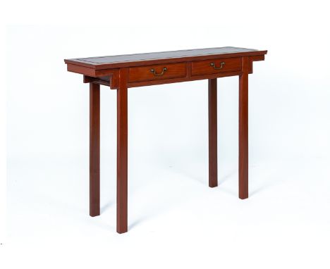 A ROSEWOOD CONSOLE TABLE
Fitted with two freeze drawers on square sectioned supports
96cm high x 122cm wide x 35cm deep
Condi