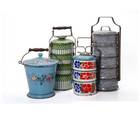 THREE ENAMEL TIFFIN CARRIERS AND A BUCKET
Variously designed
41cm high (tallest item)
Condition: For a condition report or fu