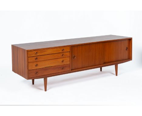 A RETRO TEAK CONSOLE TABLE BY LORGAN
Fitted with four long drawers and a sliding cupboard door, on tapering turned legs
60.5c