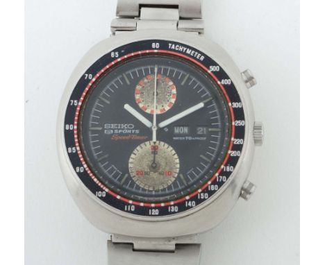 Herrenarmbanduhr Seiko Sports Speed-TimerJapan, 1970er Jahre, Edelstahl, schwarzes Zifferblatt mit aufgelegten Balkeninidzes,