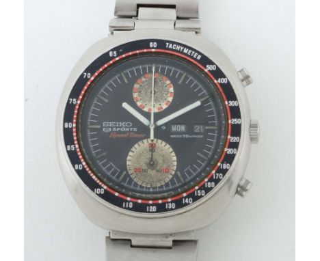 Herrenarmbanduhr Seiko Sports Speed-TimerJapan, 1970er Jahre, Edelstahl, schwarzes Zifferblatt mit aufgelegten Balkeninidzes,