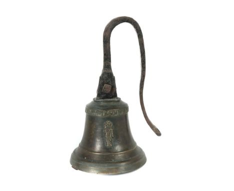 Schiffsglockedat. 1860, Bronze patiniert, große nach unternhin ausschwingende Glocke mit erhabenen Darstellungen Marias und J