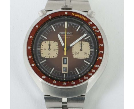 Herrenarmbanduhr Seiko Chronograph "Bullhead"Japan, 1970er Jahre, Edelstahl, rundes Gehäuse leicht nach vorne geneigt, braune