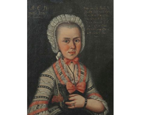 Maler des 18. Jh."Portrait einer Dame mit Spitzenhaube", Brustbild im Dreiviertelprofil mit gemustertem Kleid vor dunklem Hin