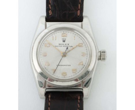 Damenarmbanduhr ROLEX Oyster Perpetual "Bubbleback"Schweiz, ca. 1947, Chronometer, rundes, poliertes Edelstahlgehäuse, helles