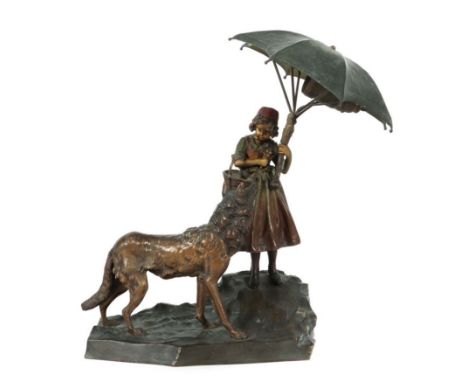 Bildhauer des 19./20. Jh.wohl Franz Xaver Bergmann. "Rotkäppchen als Lampe", Wiener Bronze, polychrome Kaltbemalung, vollplas