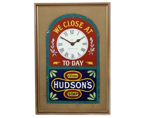 Emaille-Werbeschild "Hudson's Soap"Patent Enamel Co Ltd., Birmingham, um 1920, torbogenförmiges mehrfarbig emailliertes Schil