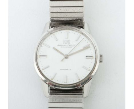 Herrenarmbanduhr IWC Schweiz, 1960er Jahre, Edelstahl, rundes Gehäuse plexiverglast, gebürstetes Zifferblatt mit schwarzer St