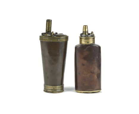 A combination powder flask for a pistol, bottle shaped copper body impressed 'SYKES', brass top with fixed powder spout and s