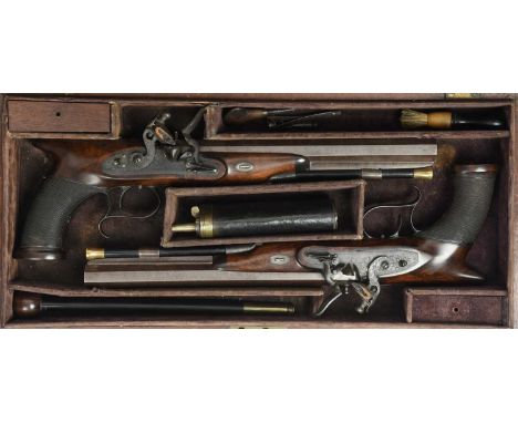 A cased pair of English 22 bore flintlock dueling pistols retailed by Lewis &amp; Tomes, hexagonal twist barrels 10 in., lyre