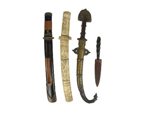 A small group of edged weapons, comprising: a Japanese dagger (tanto), blade 11 in., hira-zukuri, mumei, copper habaki, brass