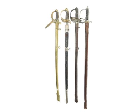 Four British Army officers' regulation swords, vis.: i) pattern 1845 infantry, slightly curved etched blade and brass 'gothic