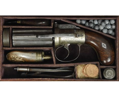 An English 86 bore six-shot 'pepperbox' percussion revolver with scarce screw-on bayonet, fluted cylinder 3 in. with numbered