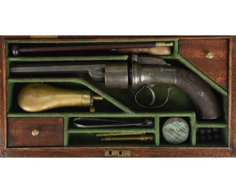 An English six-shot 'transitional' revolver, octagonal barrel 5.5 in., cylinder with radially aligned nipples, acathus engrav