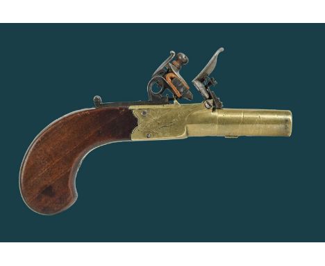 An English 138 bore flintlock pocket pistol, brass turn-off barrel 1.75 in., Birmingham proof, brass box lock inscribed 'JNO 