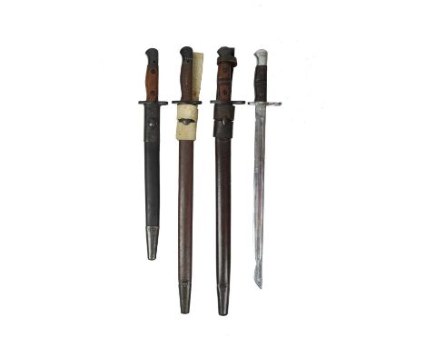 Four bayonets, vis.: i) a British pattern 1913, by Remington, steel mounted leather scabbard with leather frog; ii) an Austra