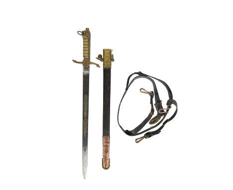 A Royal Naval midshipman's dirk, George V, partly blued blade, gilt brass hilt with lion-head pommel, brass mounted leather s
