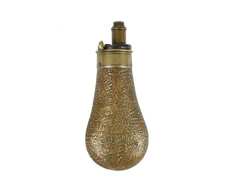 An unusual powder flask of pistol or revolver size, the bag-shaped copper body embossed with Egyptian hieroglyphs, brass top 