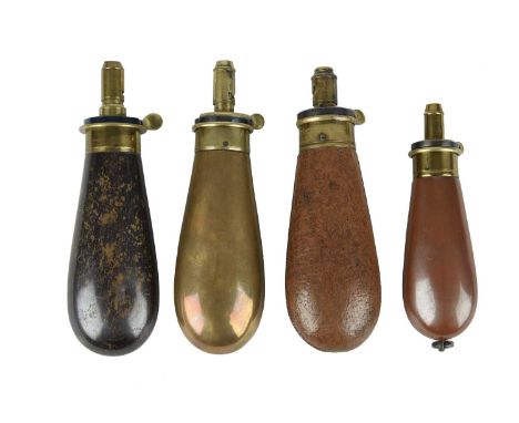 A good powder flask of pistol or revolver size, by G. &amp; J.W. Hawksley, bag shaped copper body with steel suspension ring,