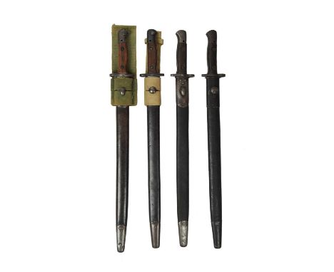 Four British pattern 1907 bayonets, each with steel mounted leather scabbard, two by Sanderson of which one has a webbing fro