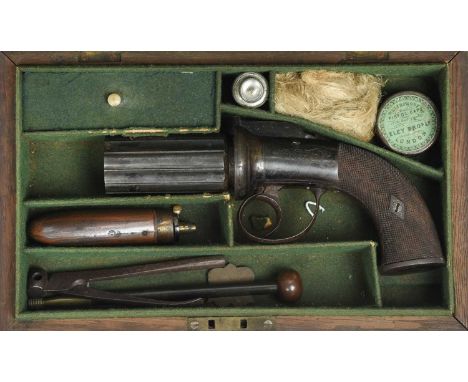 An English 96 bore six-shot 'pepperbox' revolver, fluted cylinder 3 in., Birmingham proof, self cocking bar hammer action eng