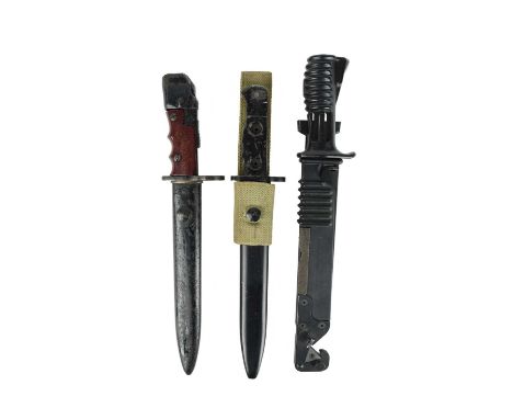 Three British knife bayonets, vis.: i) a No 7 Mk I (No 4 rifle and Sterling SMG), with rotating pommel and composition grips,