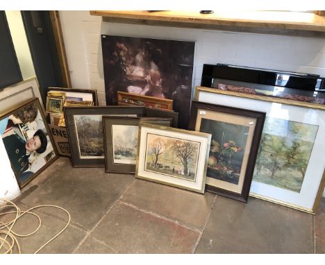 A collection of pictures including a large canvas print after Nydia Lozano, mirrors etc. 