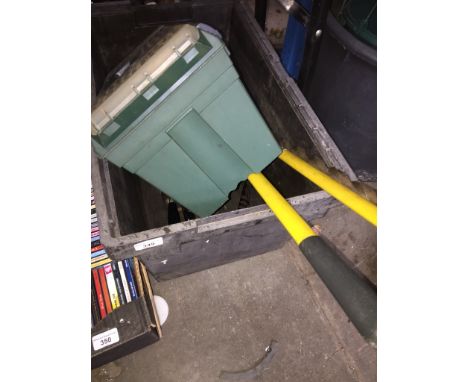 A large box and a toolbox with tools to include blow lamp, long drill bit and edging sheers etc. 