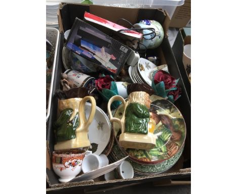 A box of mixed ceramics including Midwinter teaware, Wedgwood and other collectors plates, a pair of Wood &amp; Sons Toby jug