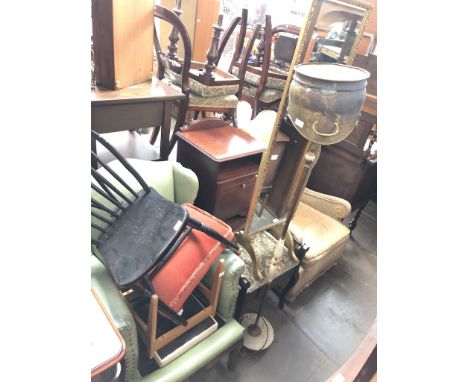 A mixed lot of furniture comprising an armchair frame with shell carved detail, another chair, a piano stool and two other st