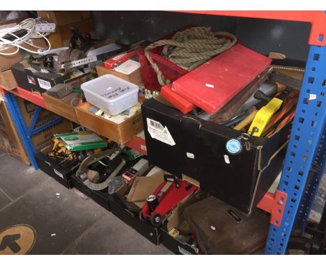 9 boxes of misc tools, trolley jack, inspection lamp, axle stands, garageware, multiplugs, wood planes, Stanley planes, warni