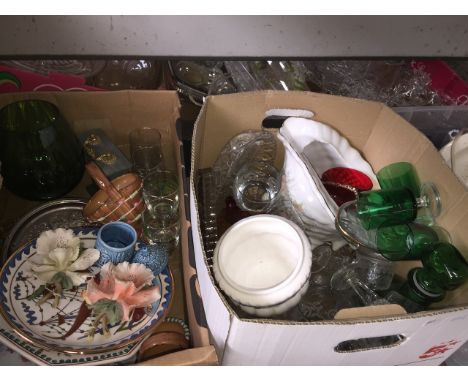 Two mixed boxes containing drinking glasses (some coloured), collectors plates, carriage clock, and 2 Capodimonte ceramic flo
