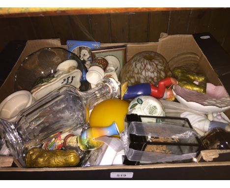 Mixed china and glass including crystal decanter, vintage lightshade etc 