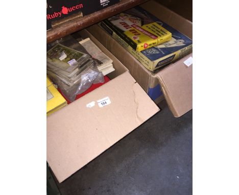 2 boxes of misc postcards, tea cards, albums, vintage books, 2 car trays, etc.